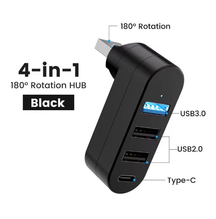 4-poorts USB 3.0-hub [90 ° , 180 ° Draaibare USB-splitter, 3 USB-poorten en 1 USB-C voedings-/gegevenspoort, USB-verlenger voor laptops, auto's: zwart