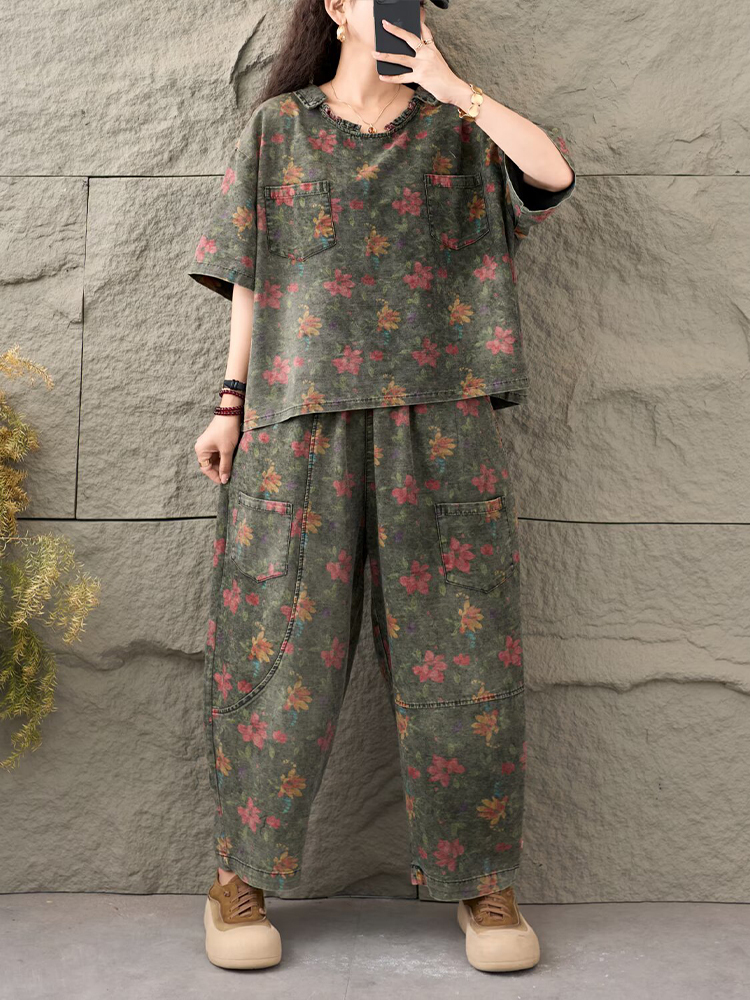 AmaxluluE, trajes vaqueros estampados de verano para mujer, conjuntos de 2 piezas florales sueltos, conjunto de , Tops con cuello redondo, camisetas, pantalones vaqueros informales, pantalones clásicos: Verde