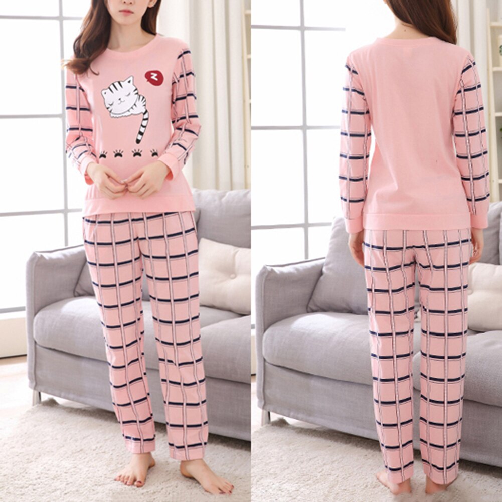 Pajama Set Winter Cute Cartoon Cat Print Pajama Set Women Two-pieces Long Sleeve Sleepwear Breathable Soft Round Neck Set