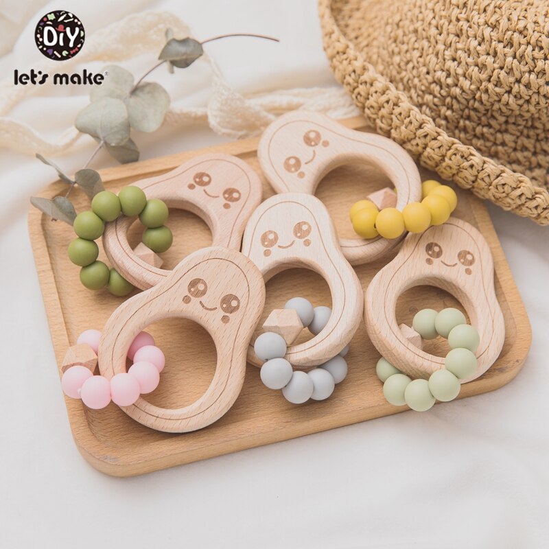 let’s make 1pc Baby Teether Wooden Avocado Bead Care Bracelet BPA-Free Silicone Rattle Teeth Bead Baby Rattle Nurse Toy