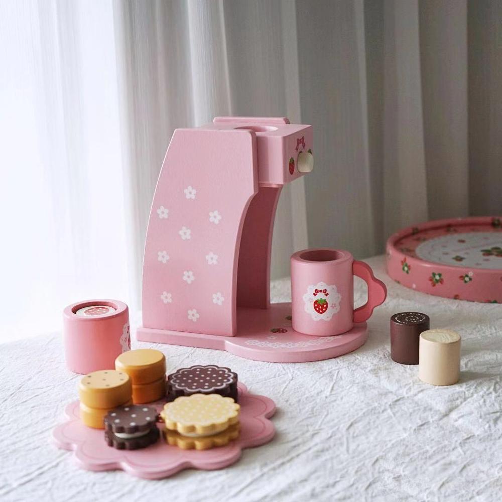 Wooden Coffee Machine Kinchen Items Dinner Plate Tea Cup Set Realistic Pink Wooden Coffee Maker Kitchen Accessories