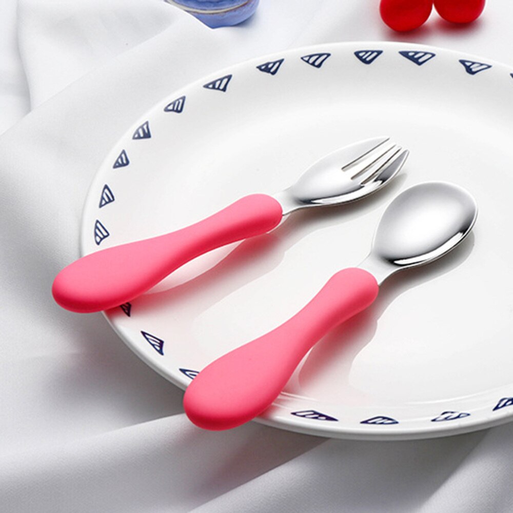 Children Spoon Portable Silicone Handle Stainless Steel Fork Safety Baby Feeding Spoon Eating Training Spork Kids Tableware(: Pink