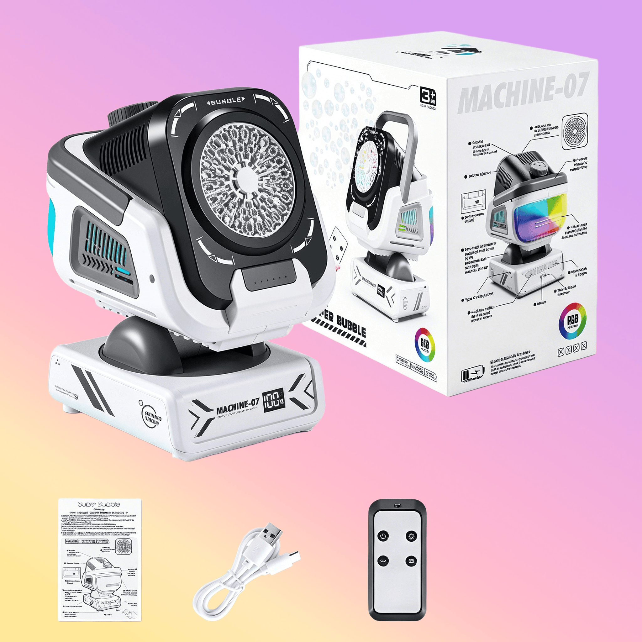 Diese verbesserte Seifenblasenmaschine von 2026 verfügt über eine Fernbedienung, automatische Drehung und RGB-Lichter. Es unterstützt das beladen über USB-C mit integrierter Funktion.: WEISS