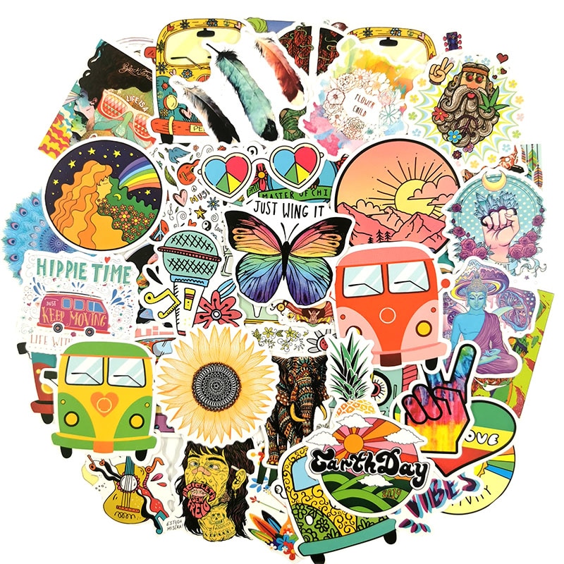 100 stuks retro hippie cartoon vredesliefde stickers voor laptop gitaar surfplank skateboard bagage fiets koelkast plakboek sticker