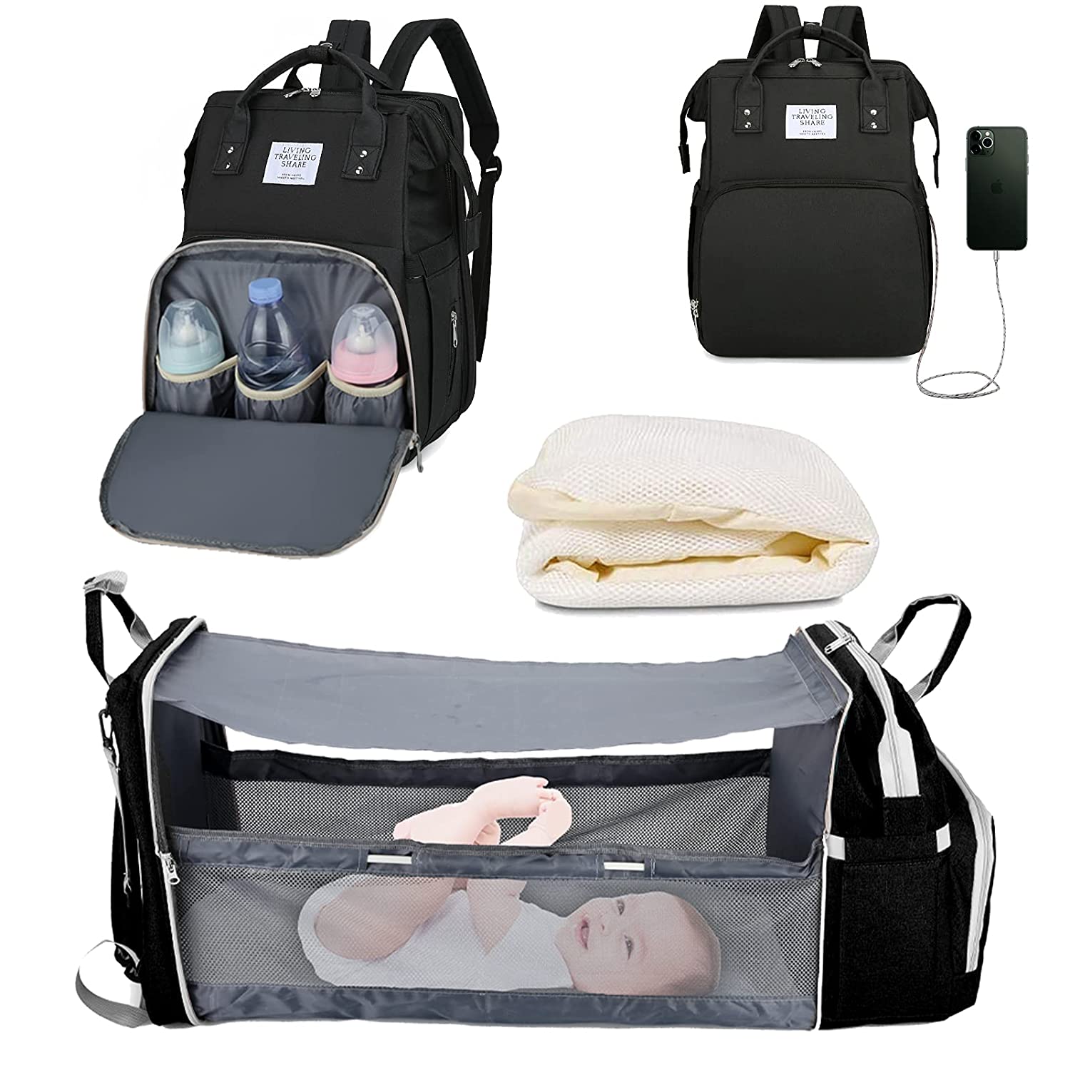 Bolsa de pañales 3 en 1, mochila con cuna plegable automática, portátil, impermeable, de gran capacidad, con puerto USB: 4