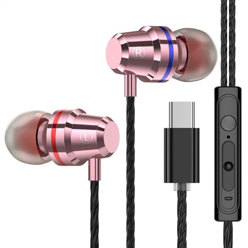 in-ohr Verdrahtete Kopfhörer Typ-c Musik Sport Ohrhörer für Samsung Xiaomi Mi 8 Huawei P20 P30 LeEco USB Typ c Metall Headset mit Mic: Rosa