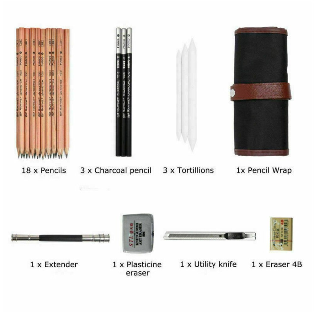 29Pcs/set Drawing Sketching Pencils Set Full Sketch Kit with Graphite Pencils Paper Brush Pen Mark Charcoal Pencil Extender DU55