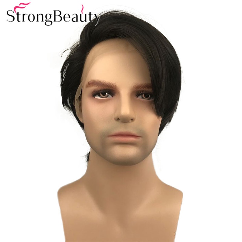 StrongBeauty Straight Men Lace Front Wig Medium Length Natural Wigs Black Synthetic Hair
