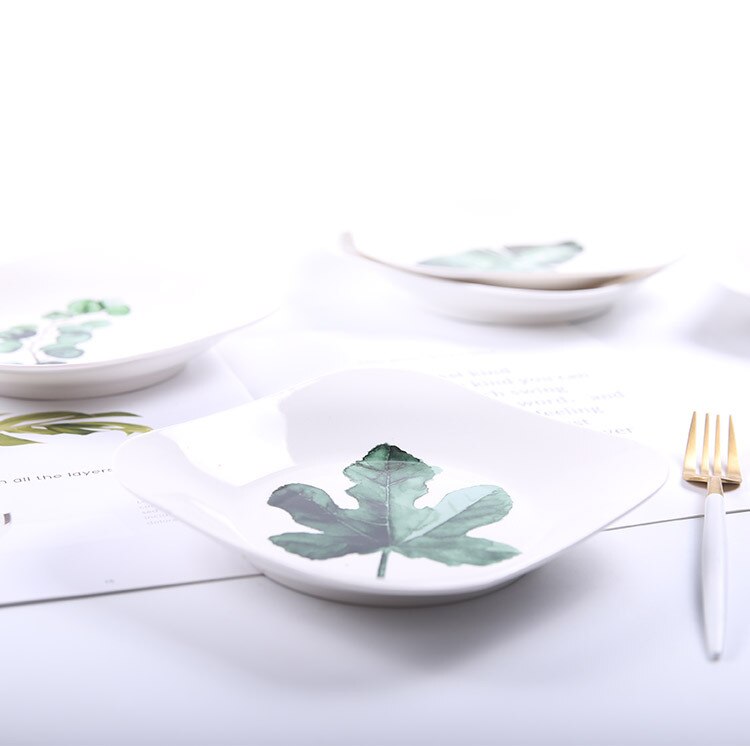 Pohjoismainen yksinkertainen astiasto vihreä kasvi keraaminen lautanen neliö koti länsimainen pihvi hedelmälautanen koti keittiötarvikkeet