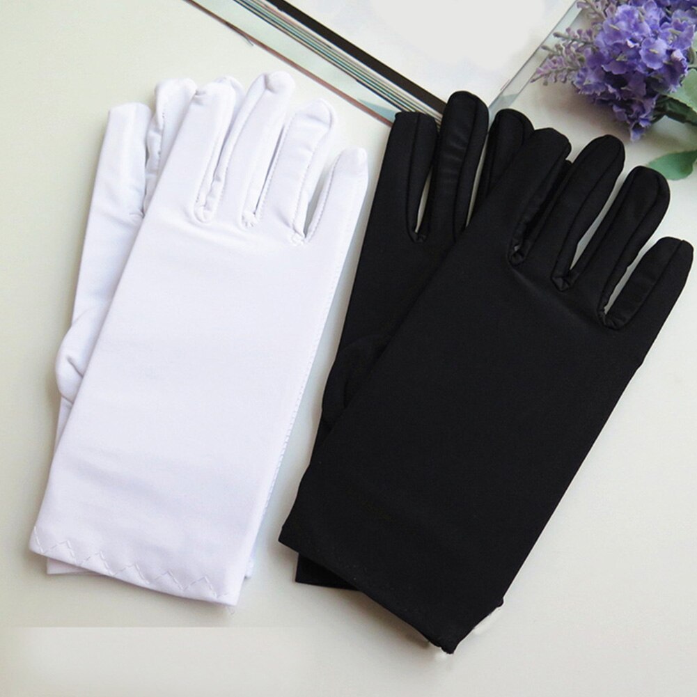 Guantes blancos y negros de para hombre y mujer, guantes finos elásticos, guantes de joyería ajustados para baile, guantes para conducir en la muñeca, guantes de dedo completo para camarero