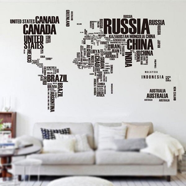 Sorte bogstaver verdenskort aftagelige vinyl decal kunst vægmaleri boligindretning wallstickers