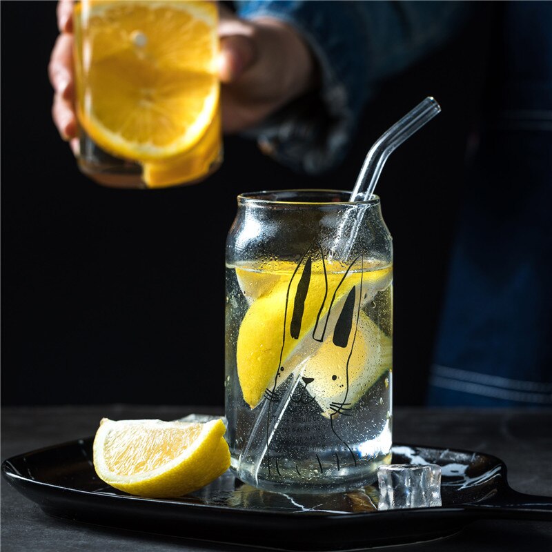 2Pcs Animal Pattern Glass Cup Transparent Cola Milk Juice Glass Home Office Coffee Mug Flower Teacup Drinking Glasses: Rabbit