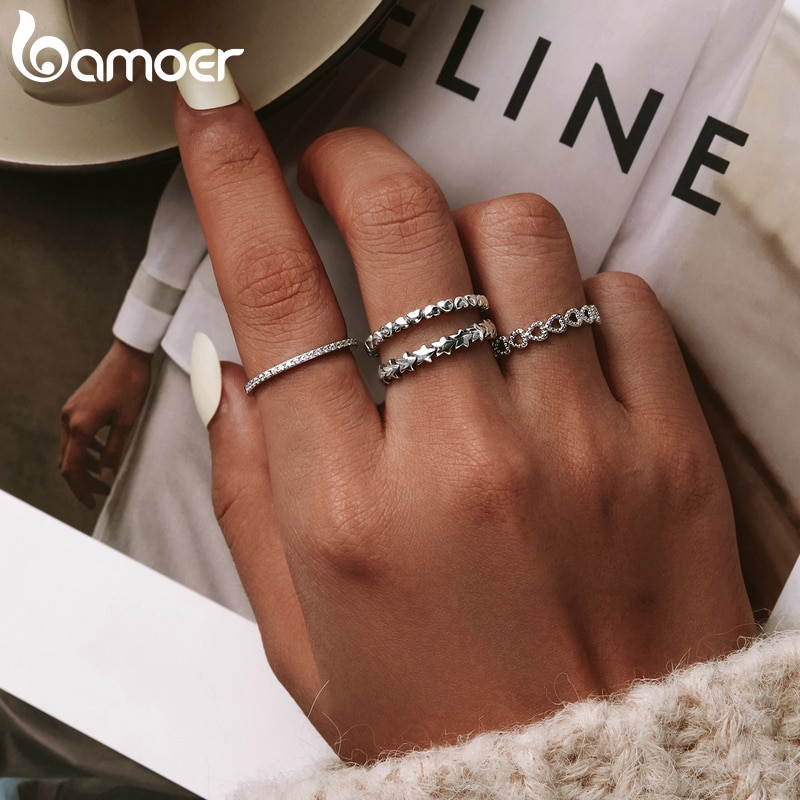 Bamoer 925 Sterling Silver Forever Love Heart Finger Ring Original Jewelry Stackable Bague Korean Jewelry PA7108