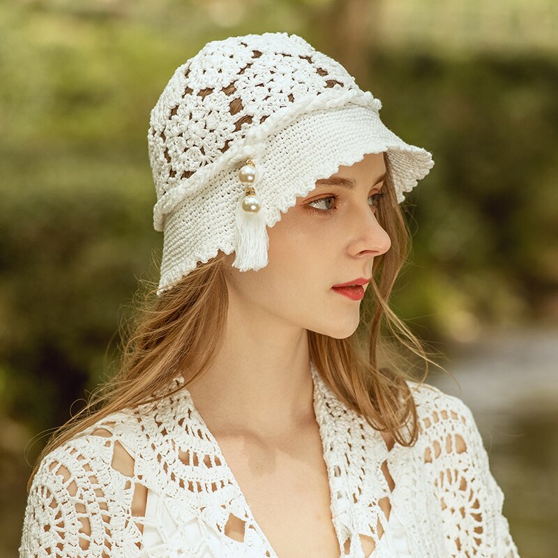 X023 sombreros tejidos a mano para mujer, gorros de tejido calado para adultos, gorros de pescador para niñas, sombrero de pescador para combinar con todo, gorro de punto, sombrero de cubo: Blanco