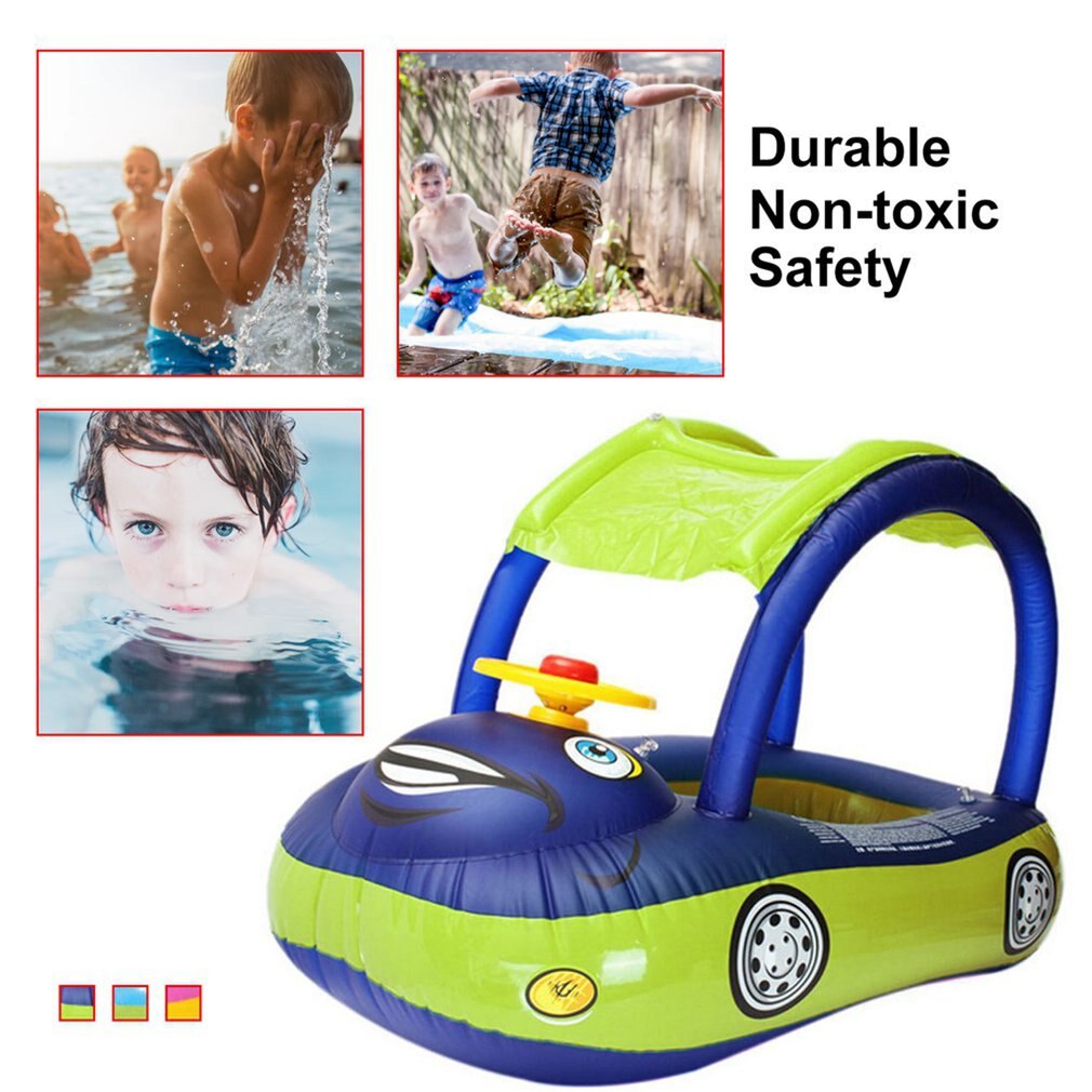 Carton Sunshade Baby Water Float PVC Seat Boat with Canopy Inflatable Toddler Swimming Ring with Steering Wheel