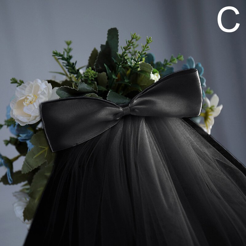 Velos cortos de tul para vestido de novia, cinta blanca con borde, lazo con peine para el pelo, velo para el cabello, accesorios de boda para novia: Negro