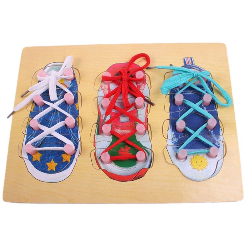 (Pack of 3) Wooden Lacing Shoe Toy Learn to Tie Shoelaces, Fine Motor Skills Toy Threading Toy Board Game for Kids Q0KB