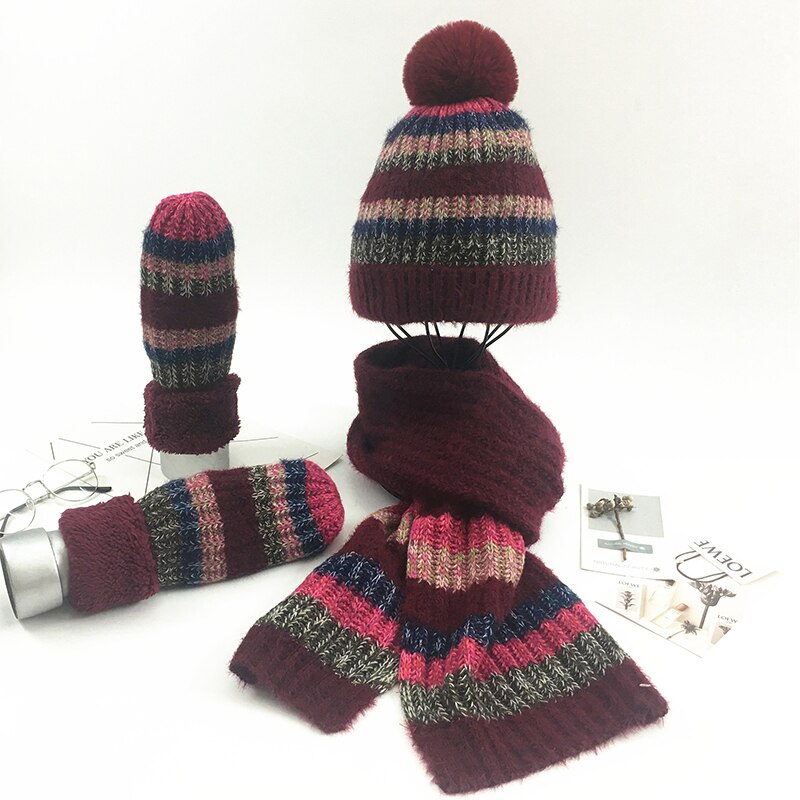 Vackra damer tjejer mössa halsduk handske pom pom mössa stickning mössor söt päls boll höst och vinter varm utomhus ren: E