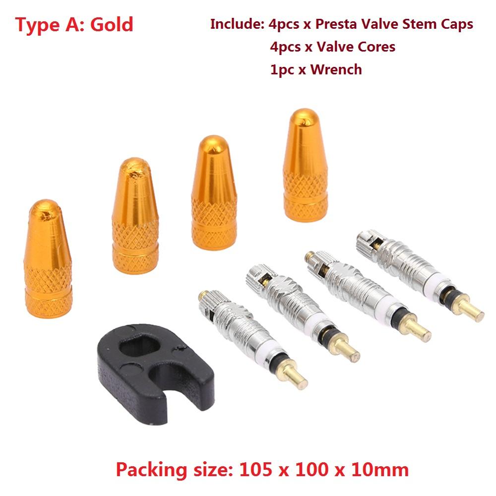 4pcs Presta Valve Stem Caps 4pcs Bike Valve Cores with Wrench Bicycle Tool Kit Bicycle Accessories: Gold