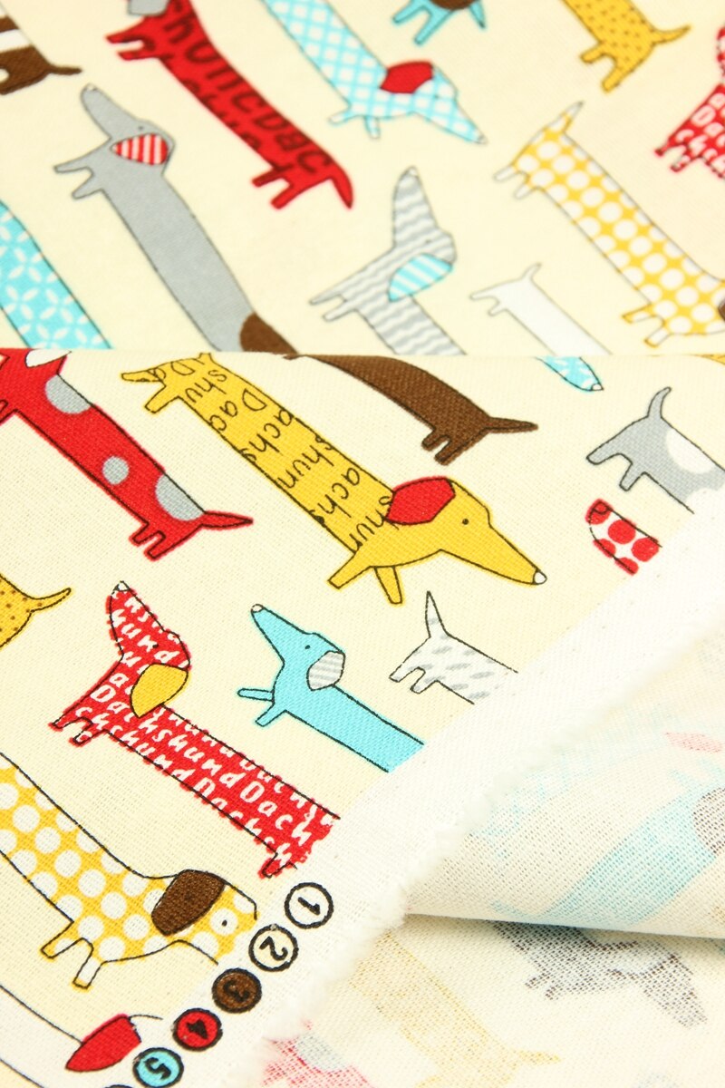 Tissu en coton imprimé teckel largeur 110cm pour couture, patchwork, vêtements pour garçons, jupes et écharpes