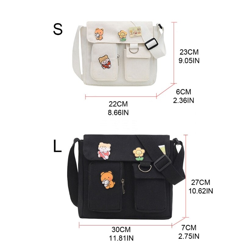 Quadratische umhängetasche für damen, lässige schultertasche mit überschlag und aufnähern, verstellbare träger, messenger bag aus canvas für damen