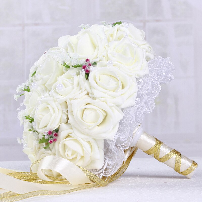 Bourgogne mariage Bouquet Rose/rouge/blanc/bordeaux mariée demoiselle d'honneur fleur artificielle fleur Rose Bouquet mariée: white