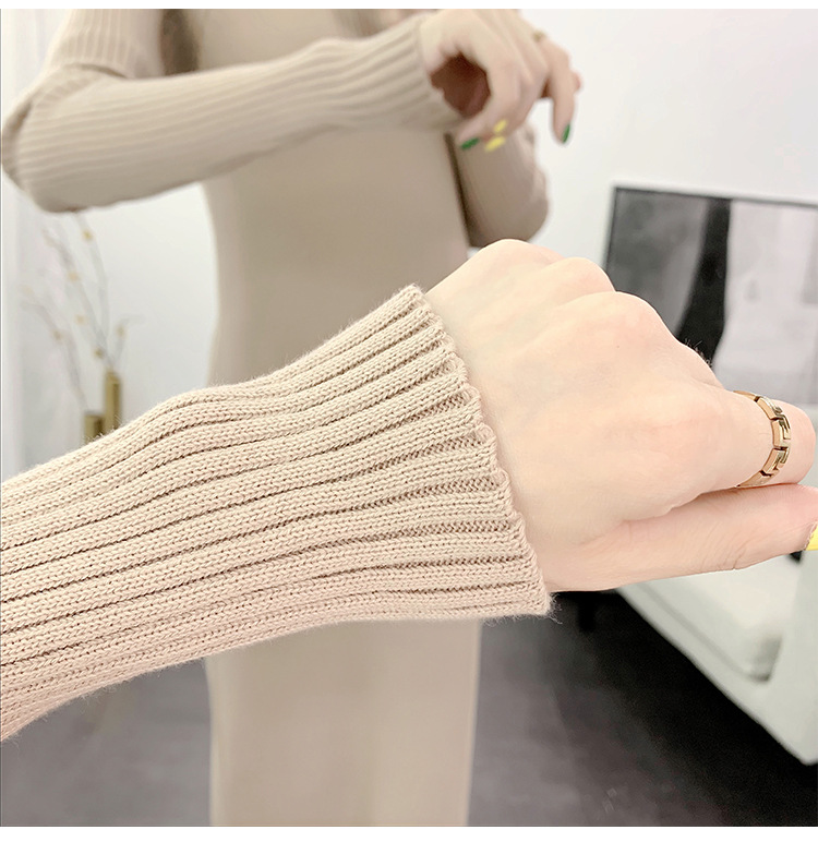 Coltrui Volledige Mouw Gebreide Jurk Vrouwelijke Winter Fall Vestidos Casual Dikke Gedraaide Vrouwen Lange Trui Jurken Beige