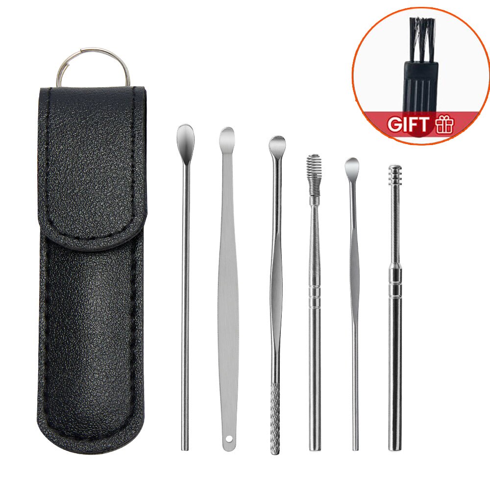 Silicone Ear Care Kit Earpick set Canal Cleaner Earwax Ears Cleaning Stick Tools Massage Removal Wax Earwax Ear Cleaner Spoon: 6Pcs-Black