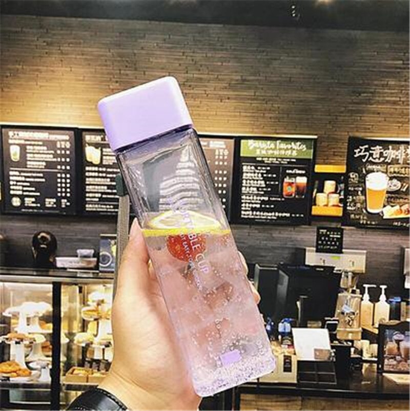 Cute Square Plastic Water Bottles BPA Free Transparent Frosted Outdoor Portable Camping Hiking Tour Drinking Bottle Water: Transparent Purple