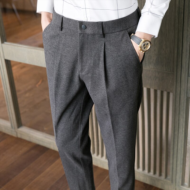 Herfst Winter Wollen Business Jurk Broek Voor Mannen Effen Kleur Toevallige Slanke Bruiloft Kantoor Sociale Pak Broek Streetwear Broek: GRAY / M