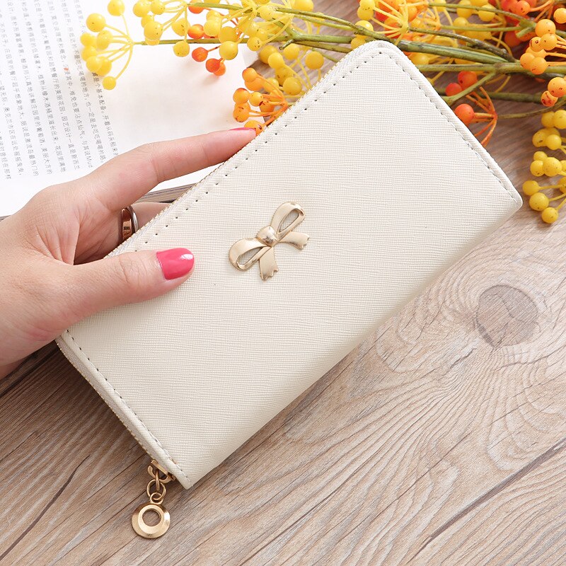 Kaarten Wallet Dames Leuke Strik Vrouwen Lange Portemonnee Effen Kleur Clutch Bag Pu Lederen Portemonnee Telefoon Kaart houder Tas: White