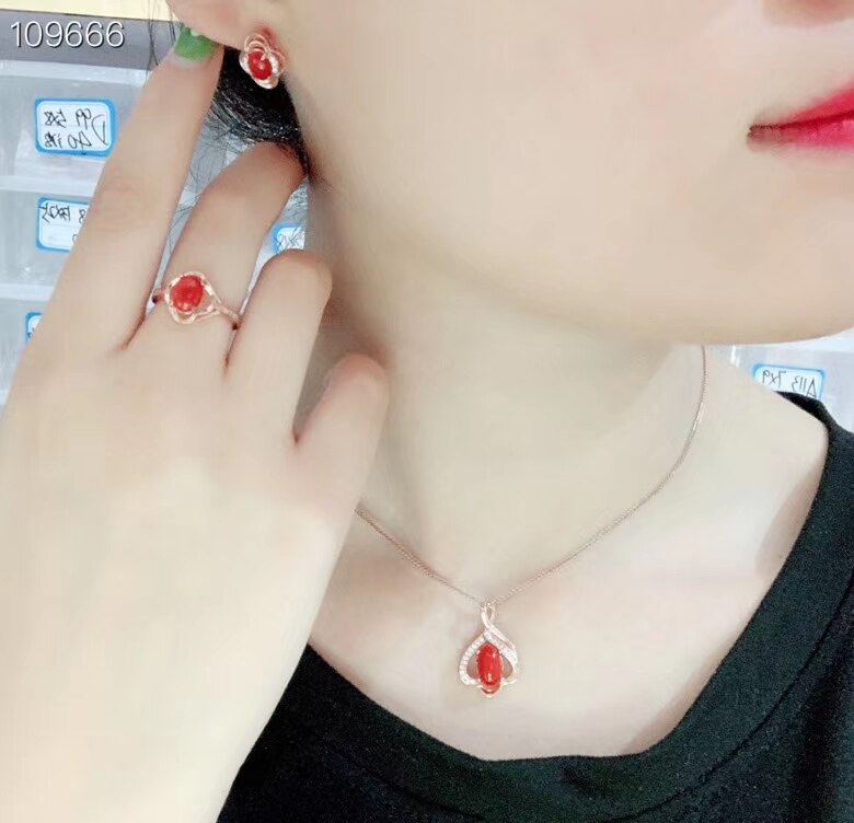 KJJEAXCMY Fijne sieraden 925 sterling zilver ingelegd natuurlijke red coral dames hanger ketting ondersteuning detectie set