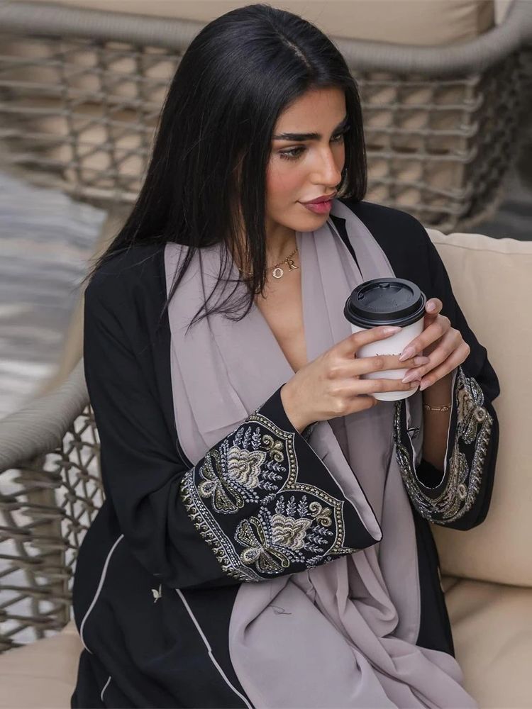 Ramadan eid svart broderi öppen modest abaya dubai sommar muslimsk kimono abayas för kvinnor kaftanklänningar islamiska kläder
