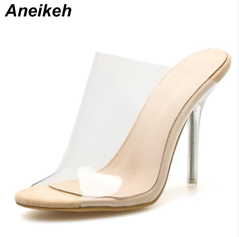 Aneikeh grande chaussure 41 42 PVC gelée sandales bout ouvert talons hauts femmes Transparent plexiglas pantoufles chaussures talon clair sandales: apricot / 11