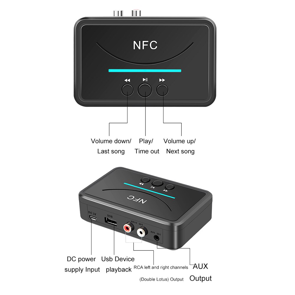 Adaptador receptor Bluetooth 5,0 NFC 3,5mm RCA Audio AUX salida inalámbrica Bluetooth Dongle amplificador estéreo para altavoz: B