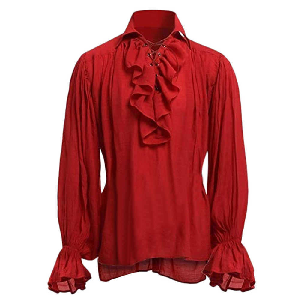 Disfraces medievales vikingos de Halloween, camisas informales de otoño, Cosplay Steampunk, camisa de manga larga con volantes, blusa gótica, Tops: XL / Rojo