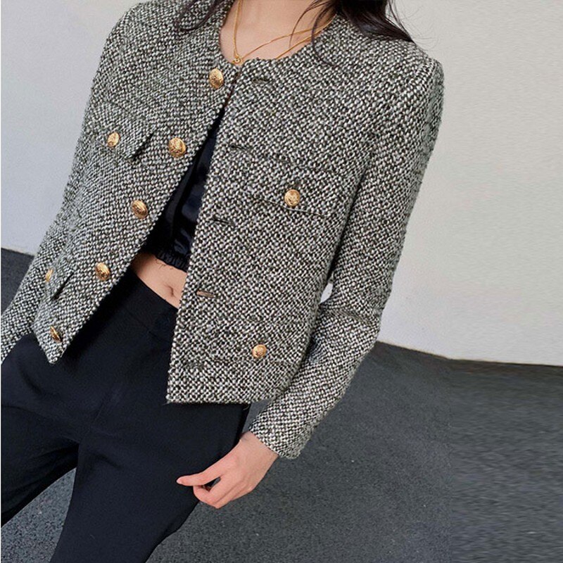 Spring and Autumn Korean Women's Single Breasted Brand Luxury Chic Tweed Woolen Coat Retro Suit Jacket Top Outwear: S