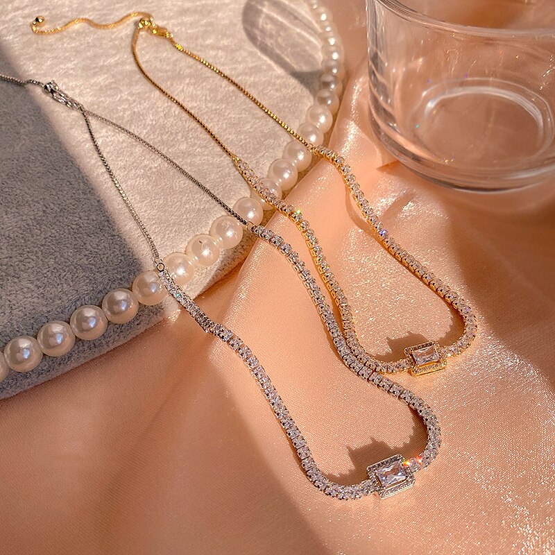 Trendy Exquisite 14K Real Gold Plated Geometrische Vierkante Zirkoon Ketting Voor Vrouwen Meisje Sieraden Aaa Zirkoon