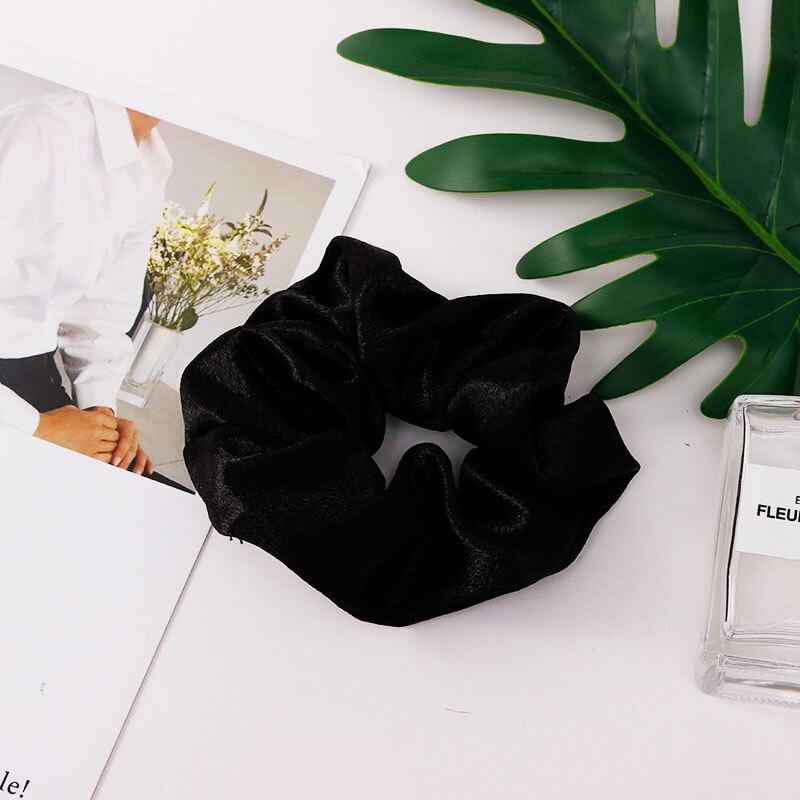 Diademas elásticas de seda de color liso para mujer, coletero, goma para el pelo, accesorios para el cabello: Black