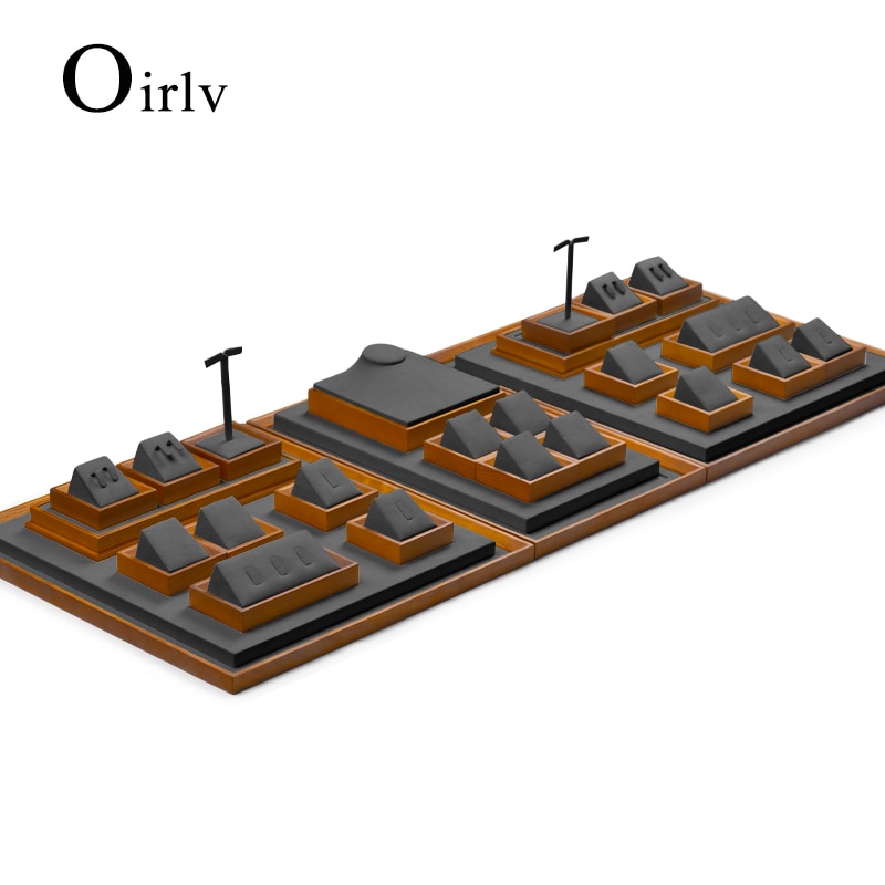 Oirlv, conjunto de soporte para presentación de joyería, anillo de madera, collar, bandeja de exhibición, brazalete, soporte organizador de joyas, estante gris multifunción