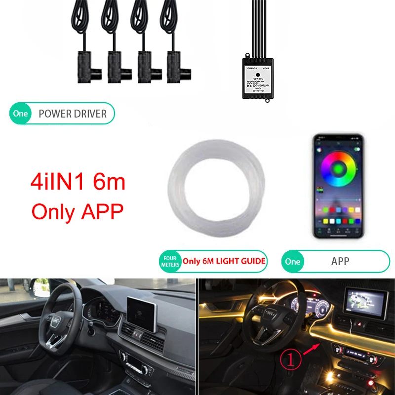 Iluminación LED ambiental de neón para coche, 6 en 1, 8m, RGB, tira de luz Interior de ambiente, Control por aplicación de fibra óptica, Lámpara decorativa LED automática: Rojo / 6000 K blanco frío