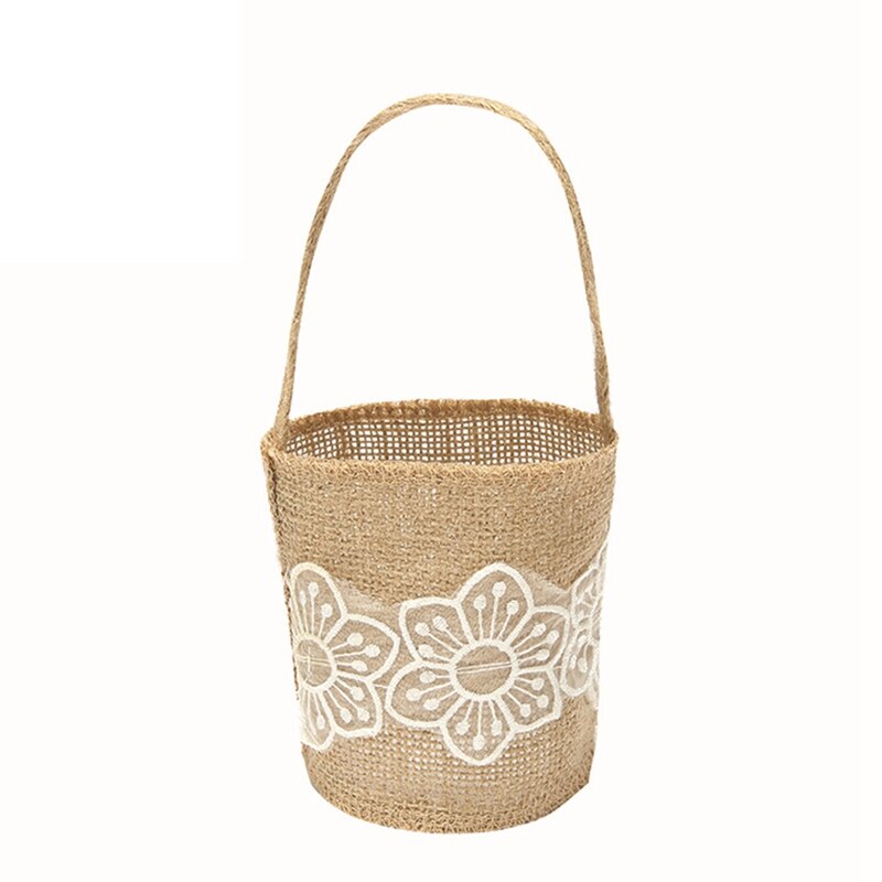 Ślub koronkowy jutowy kwiat kosz lniany uchwyt Vintage rustykalny ślub ceremonia dekoracja stołu Baby Shower Party cukierki prezent torba: żółte światło