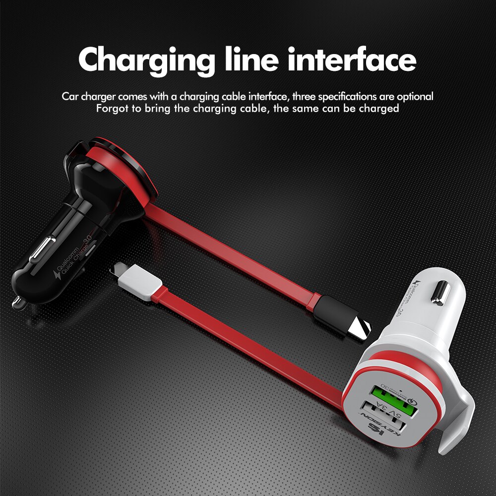 KEYSION-cargador rápido 3,0 para coche, adaptador de viaje para teléfono móvil con Cable, QC 3,0 + 5V/3A, 33W, 2 puertos