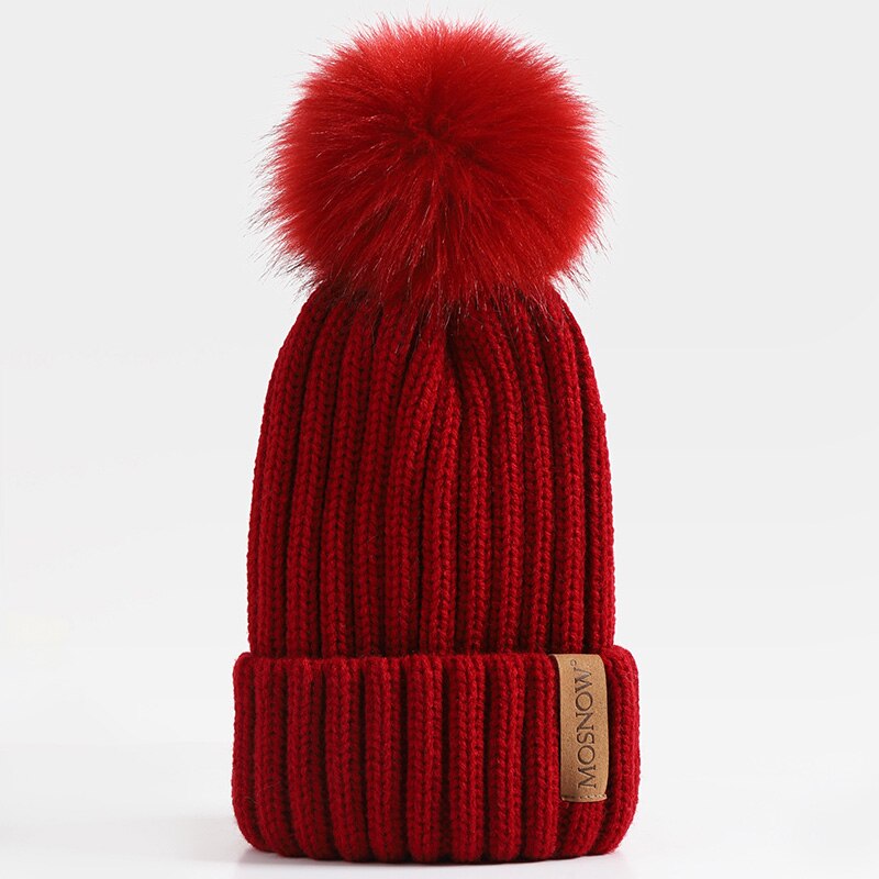 neue Winter frauen Hütte Acryl Bommel Mützen Wärme Ski Kappe Mädchen Hütte Weiblichen Kappe Skullie Künstliche Pompons Hütte: Burgunder