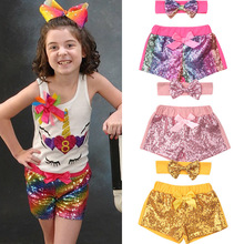 Peuter Sequin Korte Kids Baby Girl Boog-knoop Party Bling Shorts Bottoms Pailletten Broek Hoofdband Kinderkleding