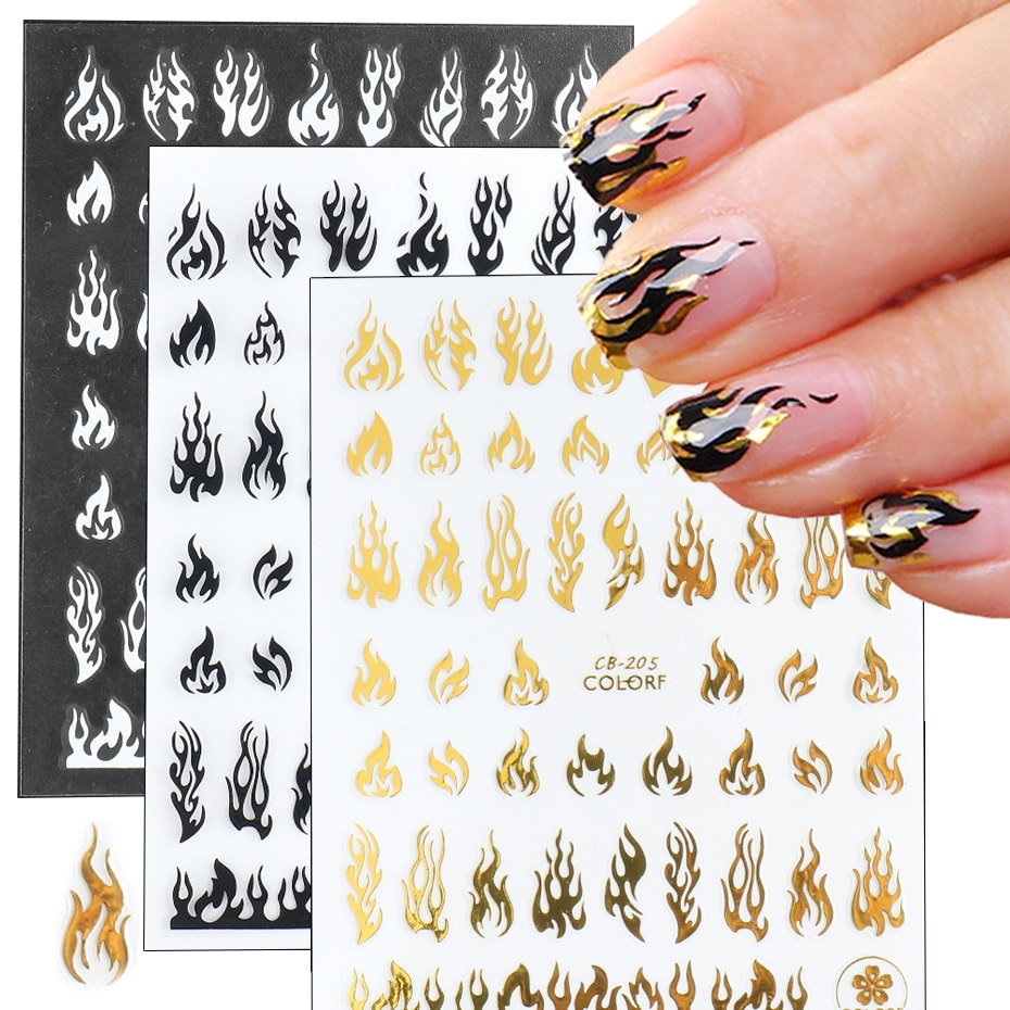 1 Stuks Flame Nail Stickers Voor Gel Polish 3D Holografische Goud Zwart Wit Sliver Nail Art Slider Brand Nagels Accessoires SACB205