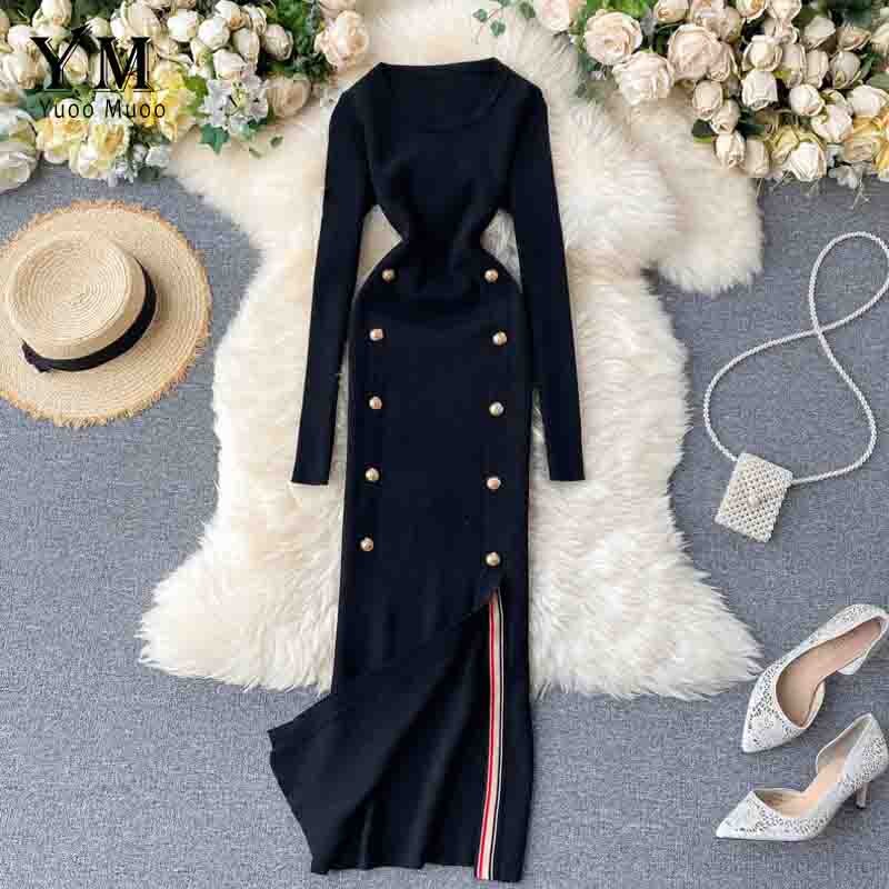 Yuoomuoo Elegante Vintage Double-Breasted Office Dames Jurk Herfst Winter Gebreide Lange Jurk Vrouwelijke Split Bodycon Jurk: Black
