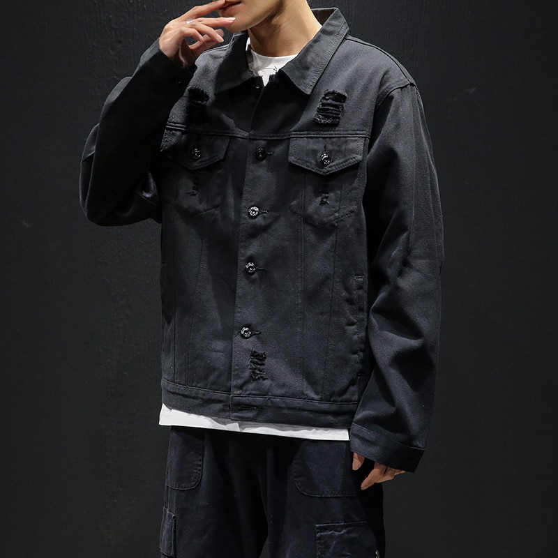 Men Light Blue Denim Jackets Holes Jean Jackets Streetwear Casual Denim Coats Men Cotton Outwear Slim Denim Jackets Size 5XL