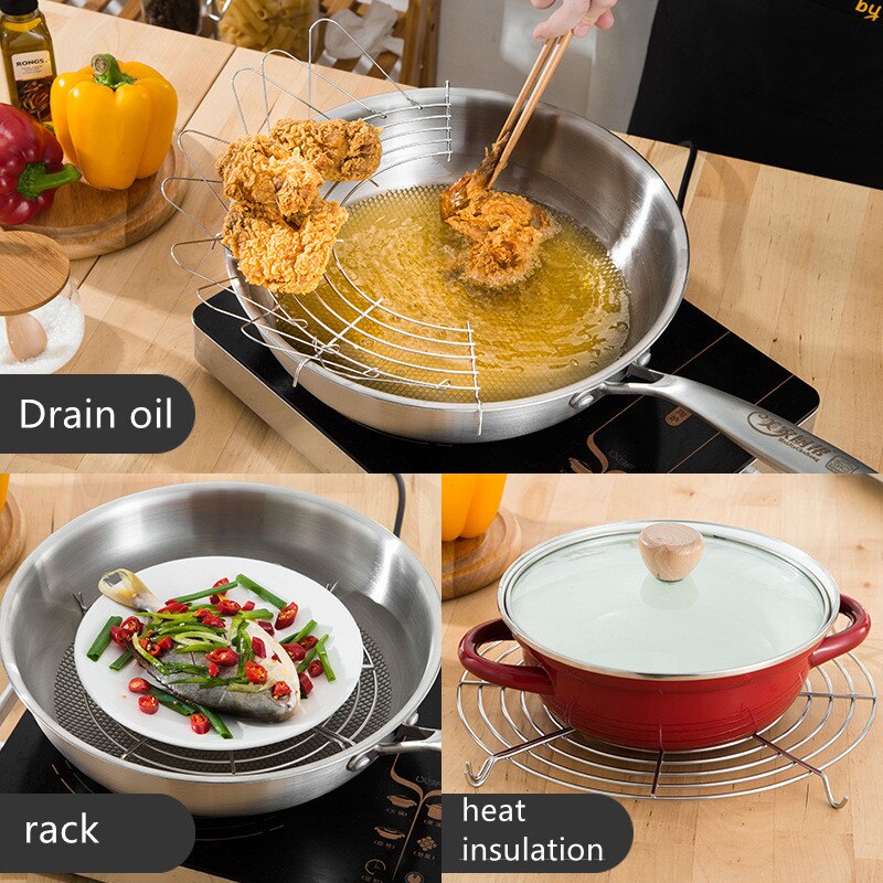 Multi-Function Frying Oil Filter Rack Stainless Steel Semicircle Steaming Drain Oil Holder Kitchen Cooking Foldable Gadgets