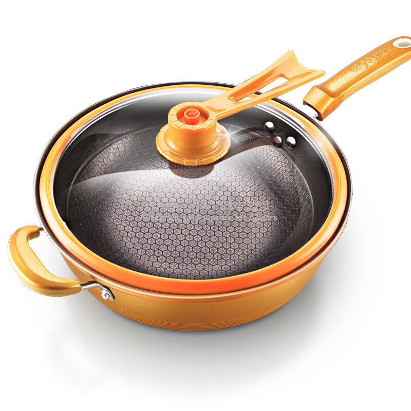 5% Vacuüm Wok Non Stick Pan Met Cover Geen Olie Rook Pot Ijzeren Pot Huishouden Keuken Inductie Fornuis Universele Pan koekenpan